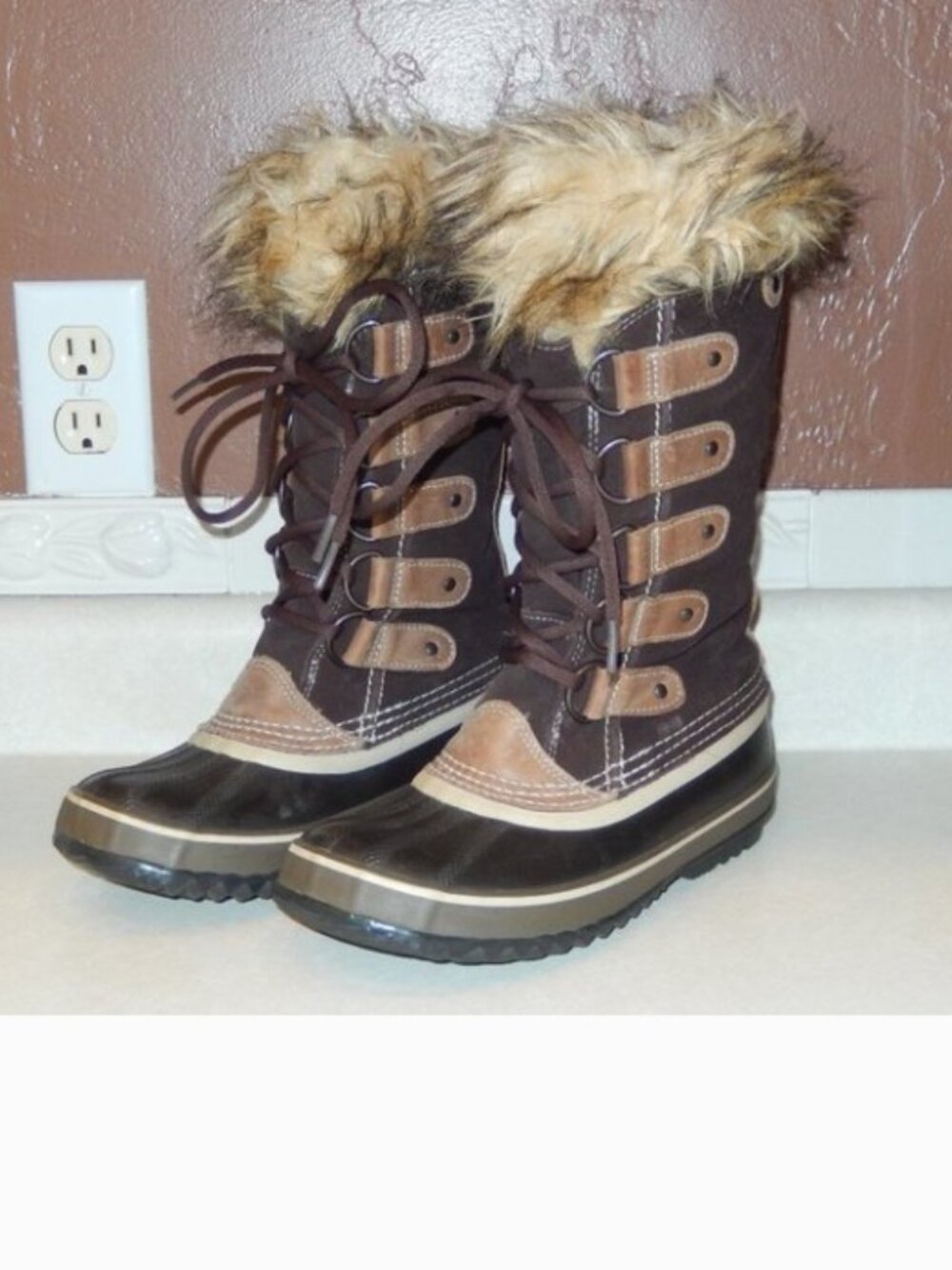 Sorel Boots 6 Joan Of Arctic NL1540 Brown Tan Fur Trim Lace Up Insulated Winter